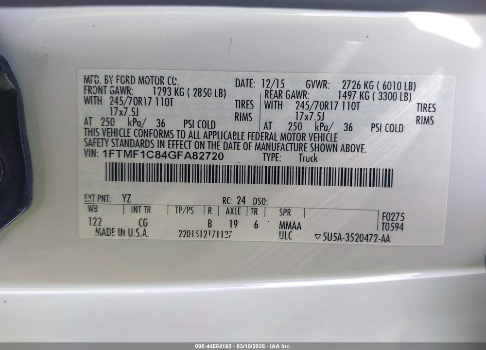 2016 FORD F-150 XL VIN: 1FTMF1C84GFA82720