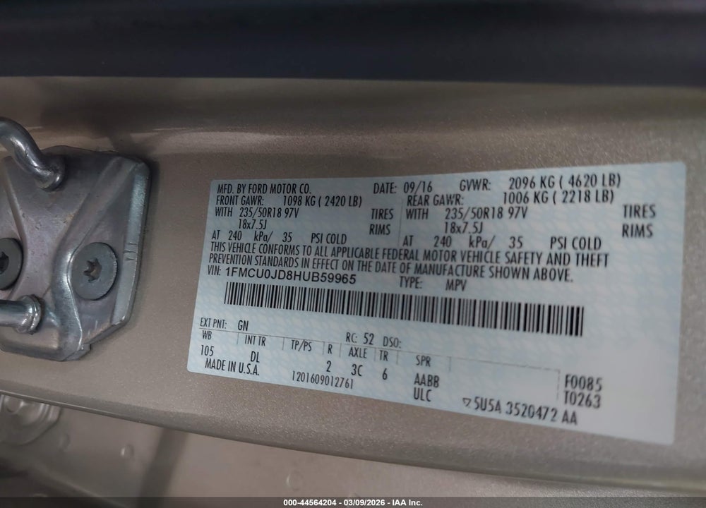 2017 FORD ESCAPE TITANIUM VIN: 1FMCU0JD8HUB59965