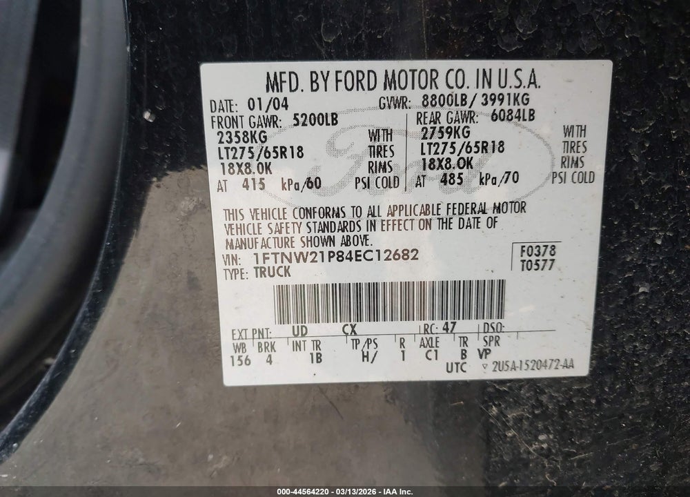 2004 FORD F-250 LARIAT/XL/XLT VIN: 1FTNW21P84EC12682