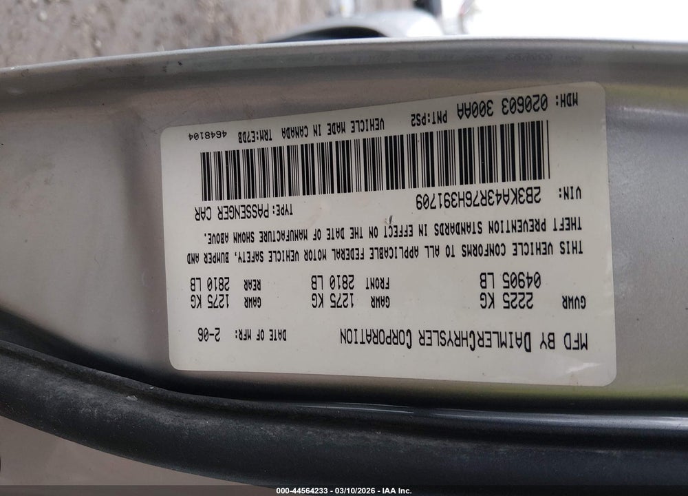 2006 DODGE CHARGER VIN: 2B3KA43R76H391709