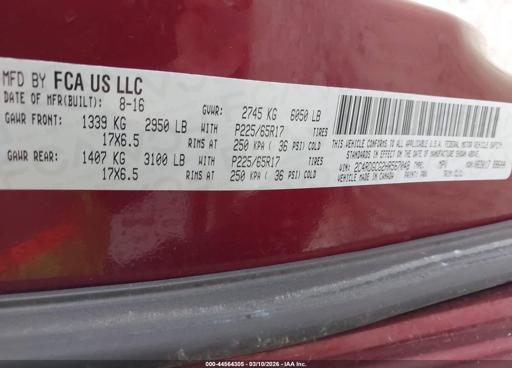 2017 DODGE GRAND CARAVAN SXT VIN: 2C4RDGCG2HR567048