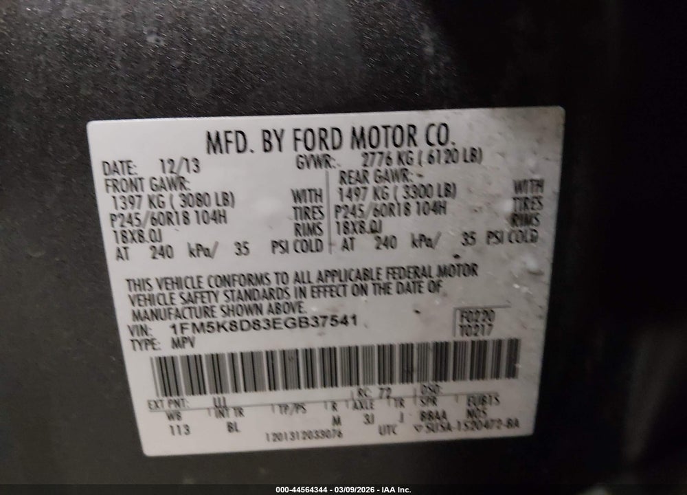 2014 FORD EXPLORER XLT VIN: 1FM5K8D83EGB37541