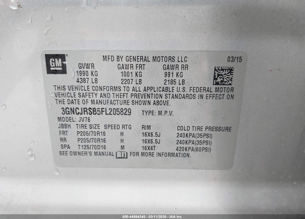 2015 CHEVROLET TRAX LT VIN: 3GNCJRSB5FL205829