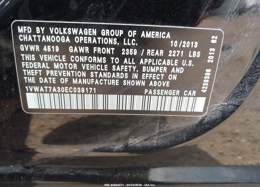 2014 VOLKSWAGEN PASSAT 1.8T WOLFSBURG EDITION VIN: 1VWAT7A30EC039171
