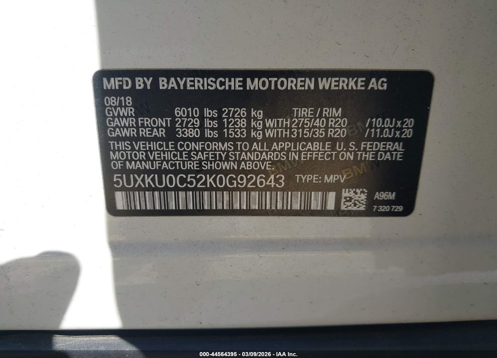 2019 BMW X6 SDRIVE35I VIN: 5UXKU0C52K0G92643