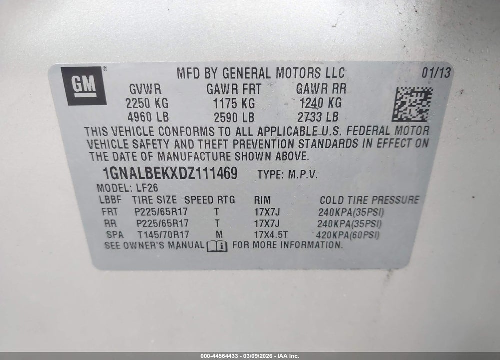 2013 CHEVROLET EQUINOX LS VIN: 1GNALBEKXDZ111469