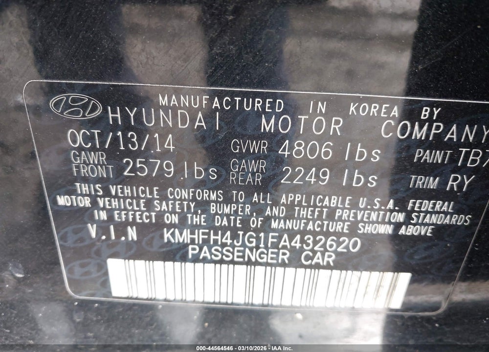 2015 HYUNDAI AZERA LIMITED VIN: KMHFH4JG1FA432620