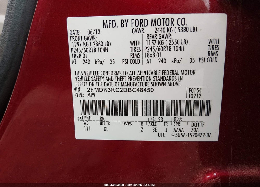 2013 FORD EDGE LIMITED VIN: 2FMDK3KC2DBC48450