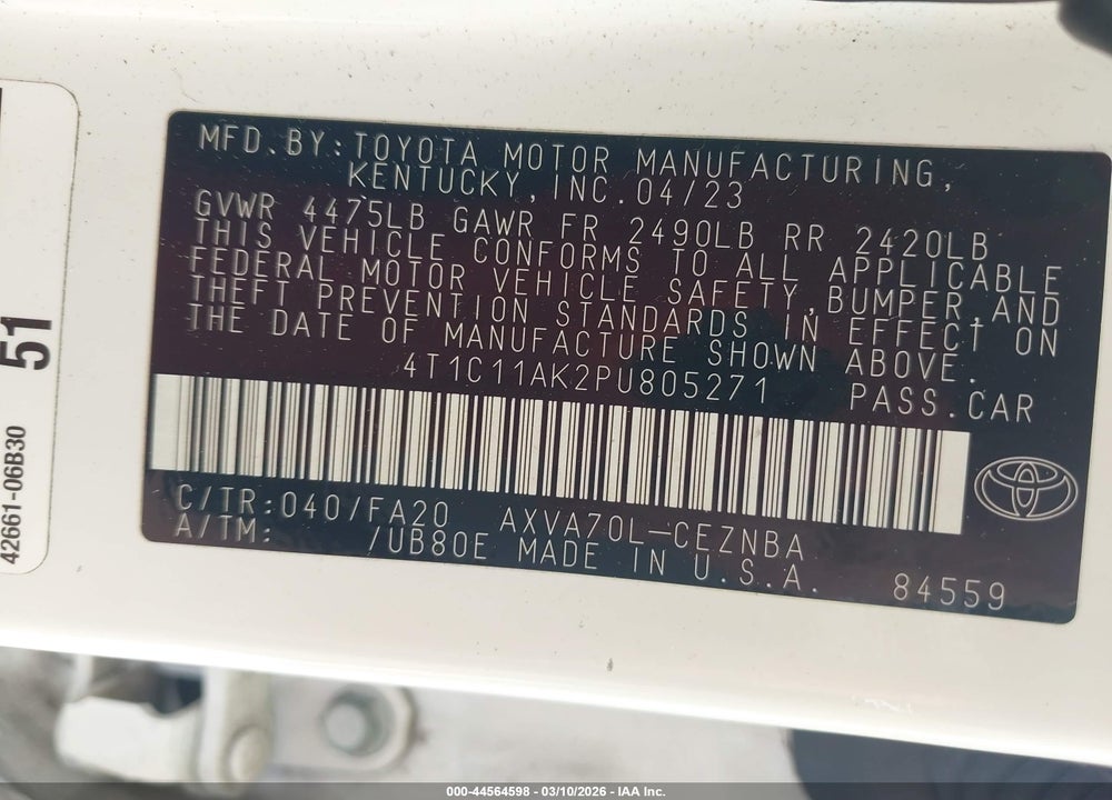 2023 TOYOTA CAMRY LE VIN: 4T1C11AK2PU805271
