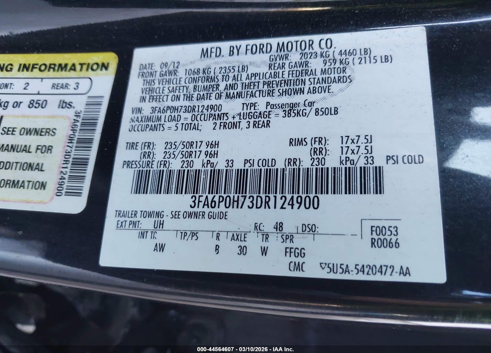 2013 FORD FUSION SE VIN: 3FA6P0H73DR124900