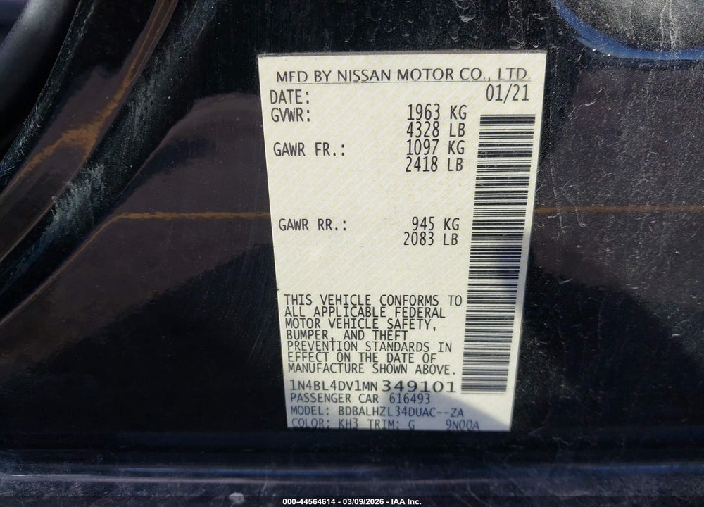2021 NISSAN ALTIMA SV FWD VIN: 1N4BL4DV1MN349101