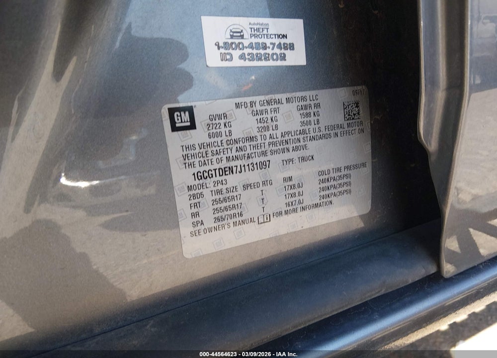 2018 CHEVROLET COLORADO Z71 VIN: 1GCGTDEN7J1131097