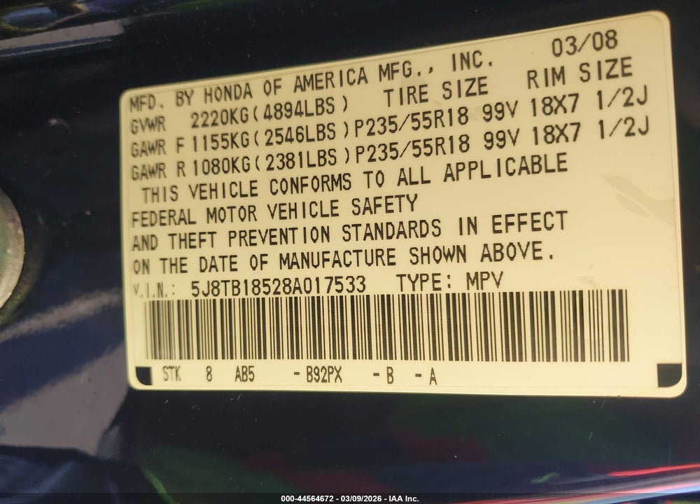 2008 ACURA RDX VIN: 5J8TB18528A017533