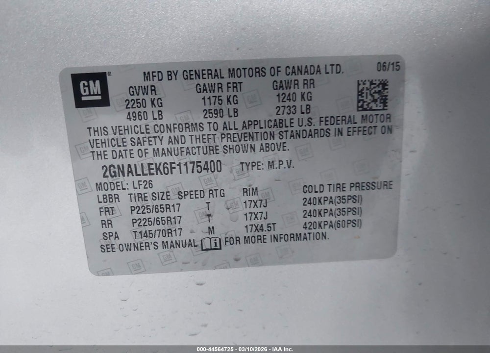 2015 CHEVROLET EQUINOX L VIN: 2GNALLEK6F1175400