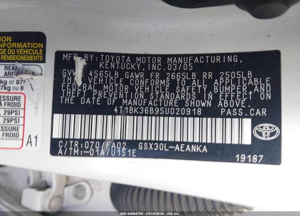2005 TOYOTA AVALON XL/XLS/TOURING/LIMITED VIN: 4T1BK36B95U020918