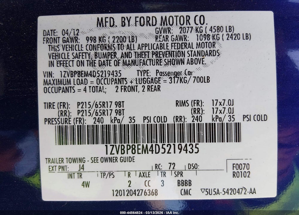 2013 FORD MUSTANG V6 PREMIUM VIN: 1ZVBP8EM4D5219435