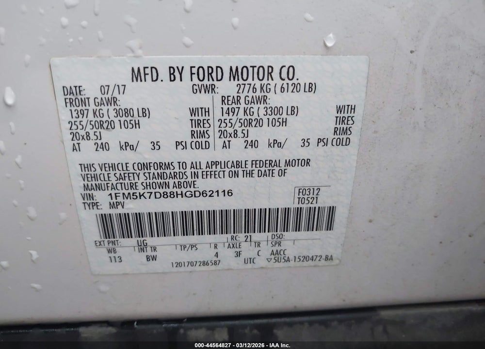 2017 FORD EXPLORER XLT VIN: 1FM5K7D88HGD62116