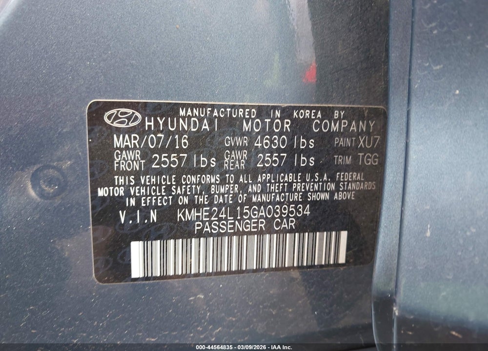 2016 HYUNDAI SONATA HYBRID SE VIN: KMHE24L15GA039534