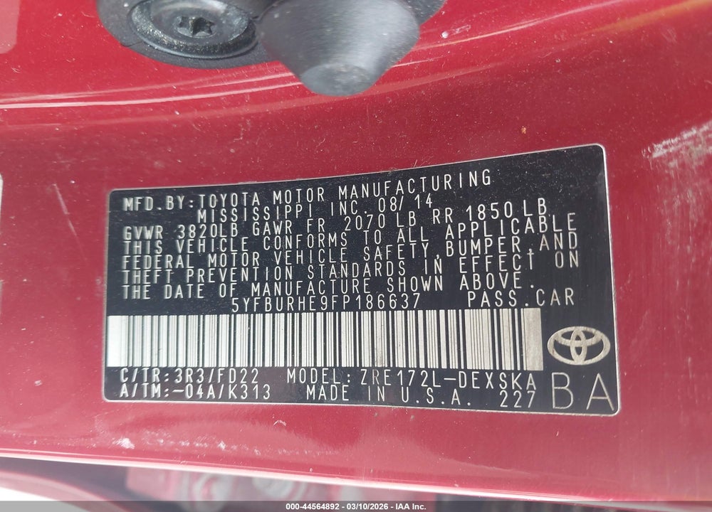 2015 TOYOTA COROLLA S VIN: 5YFBURHE9FP186637