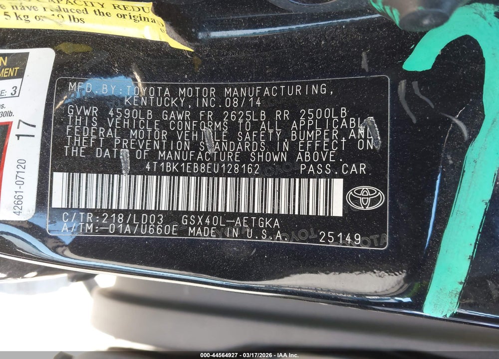 2014 TOYOTA AVALON XLE VIN: 4T1BK1EB8EU128162
