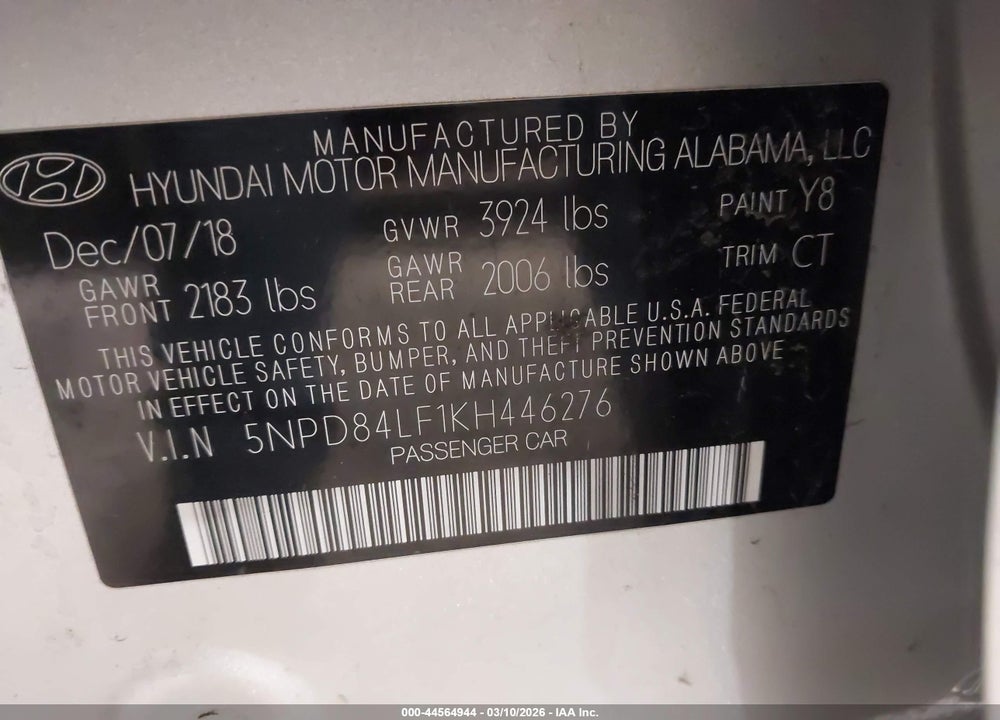 2019 HYUNDAI ELANTRA SEL VIN: 5NPD84LF1KH446276
