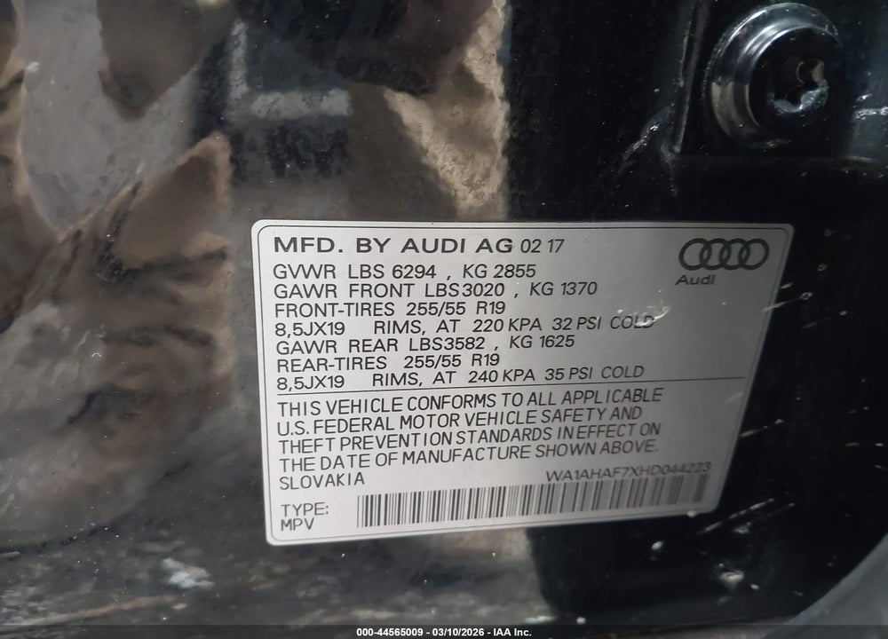 2017 AUDI Q7 2.0T PREMIUM VIN: WA1AHAF7XHD044223