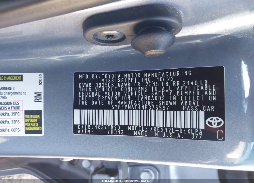 2022 TOYOTA COROLLA LE VIN: 5YFEPMAE4NP375597
