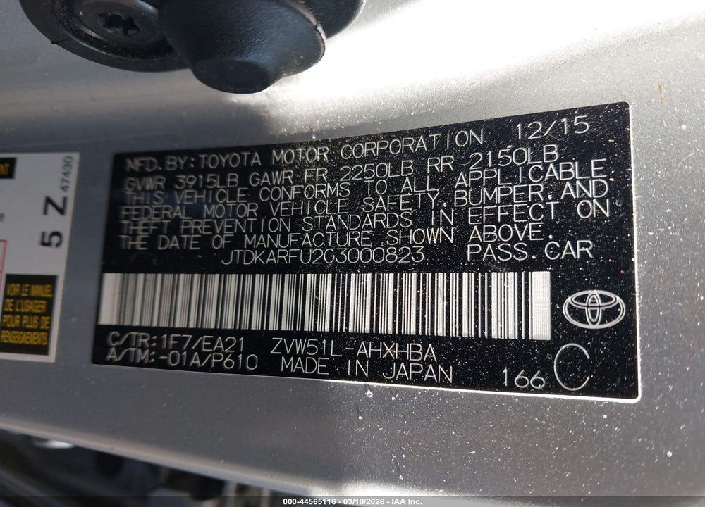 2016 TOYOTA PRIUS THREE TOURING VIN: JTDKARFU2G3000823