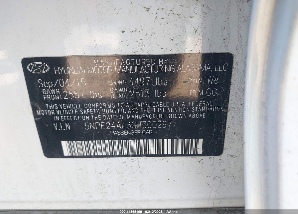 2016 HYUNDAI SONATA SE VIN: 5NPE24AF3GH300297