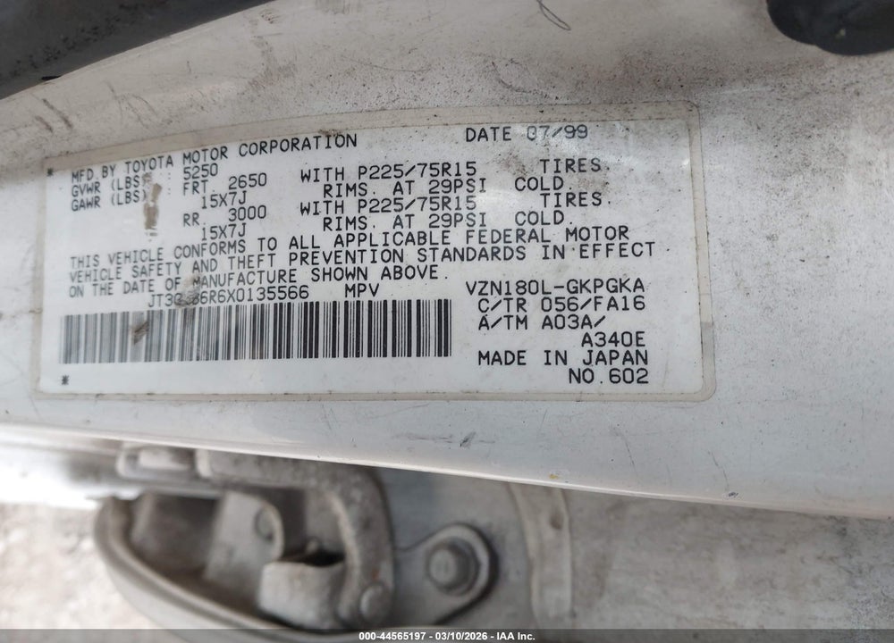 1999 TOYOTA 4RUNNER SR5 V6 VIN: JT3GN86R6X0135566