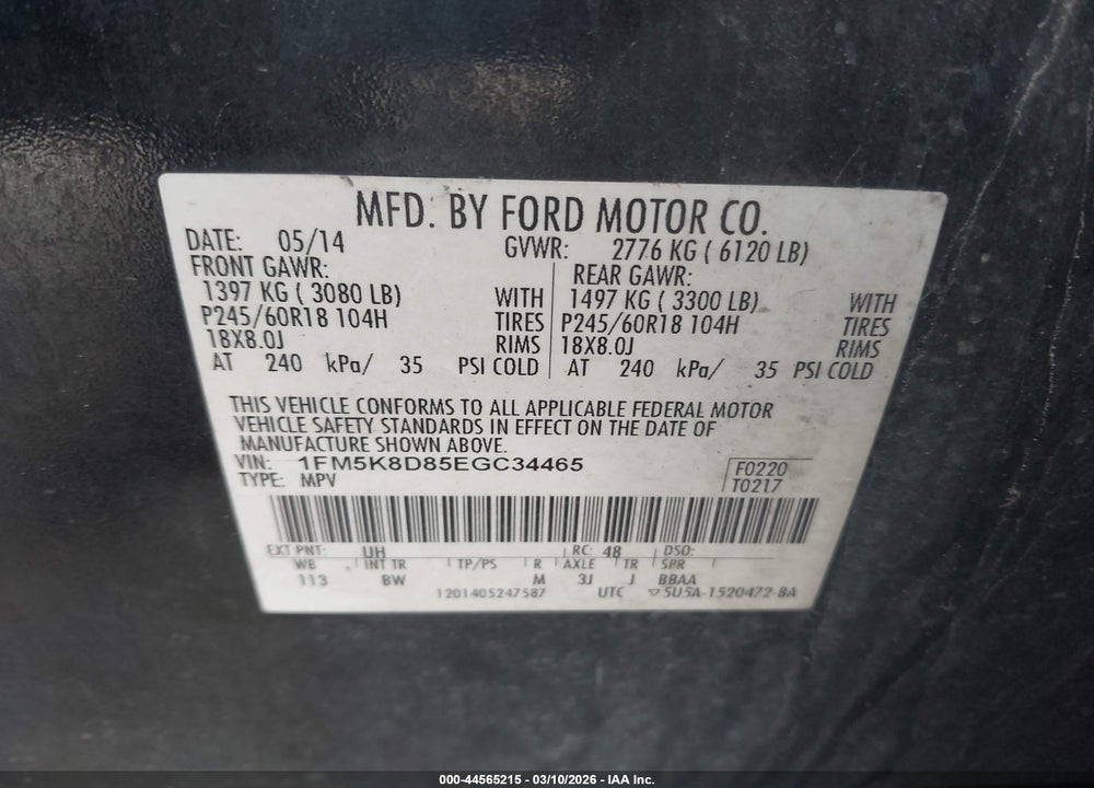 2014 FORD EXPLORER XLT VIN: 1FM5K8D85EGC34465