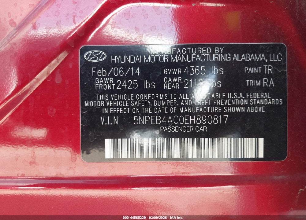 2014 HYUNDAI SONATA GLS VIN: 5NPEB4AC0EH890817