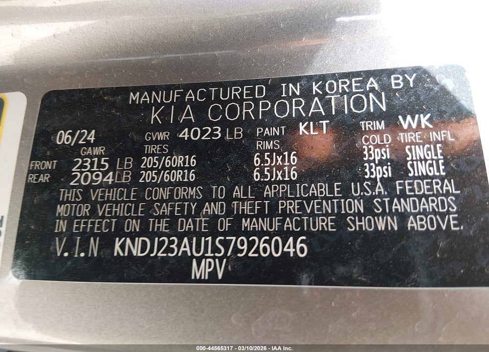 2025 KIA SOUL S VIN: KNDJ23AU1S7926046