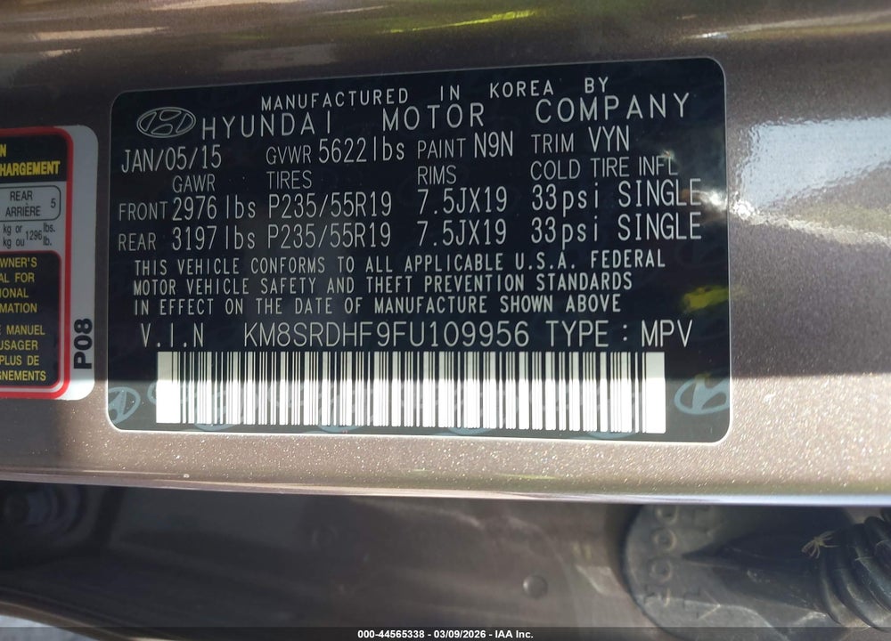 2015 HYUNDAI SANTA FE GLS VIN: KM8SRDHF9FU109956