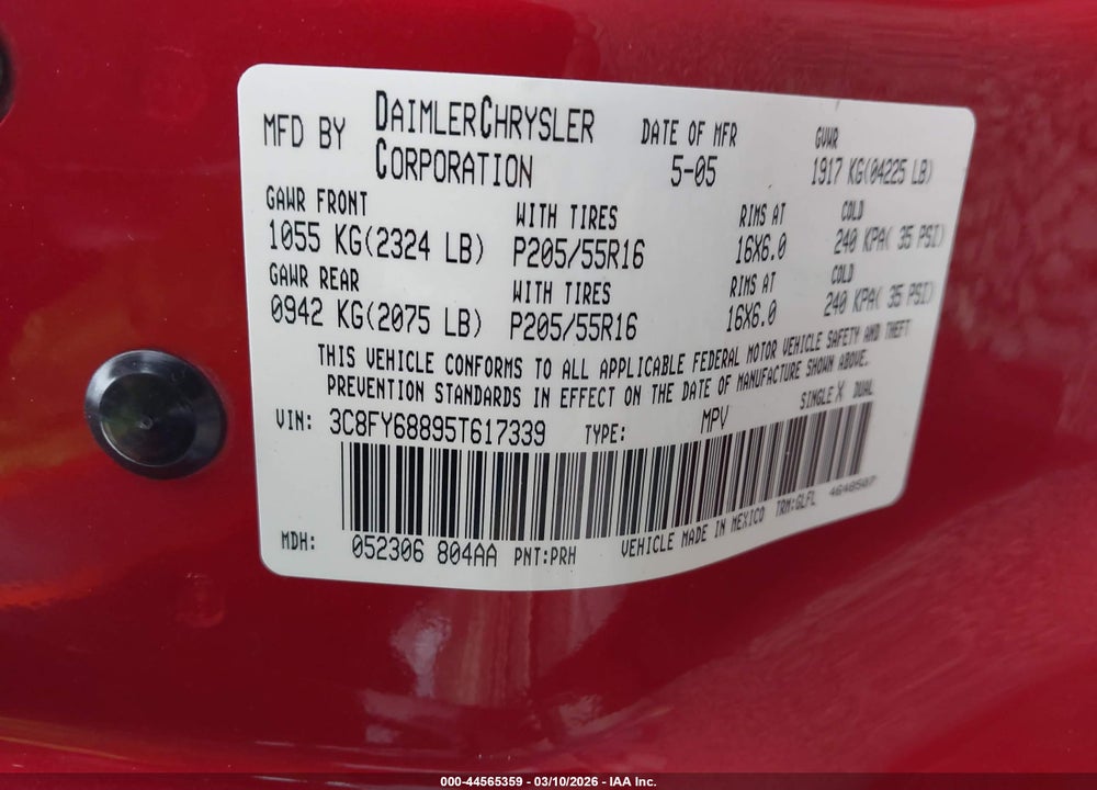 2005 CHRYSLER PT CRUISER LIMITED VIN: 3C8FY68895T617339