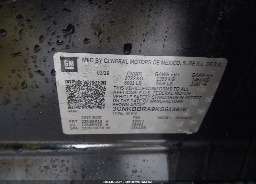 2019 CHEVROLET BLAZER VIN: 3GNKBBRA9KS613876