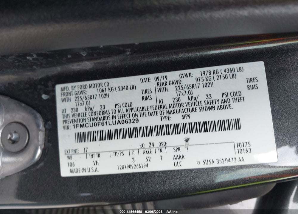 2020 FORD ESCAPE S VIN: 1FMCU0F61LUA06329