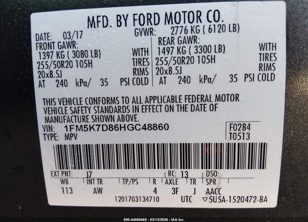 2017 FORD EXPLORER XLT VIN: 1FM5K7D86HGC48860