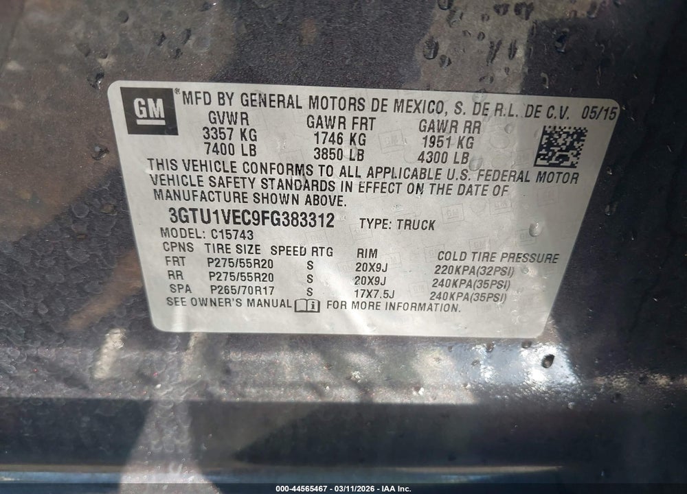 2015 GMC SIERRA 1500 SLT VIN: 3GTU1VEC9FG383312