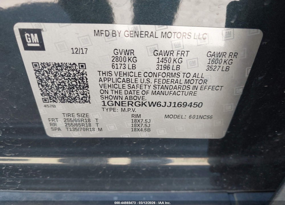 2018 CHEVROLET TRAVERSE 1LT VIN: 1GNERGKW6JJ169450