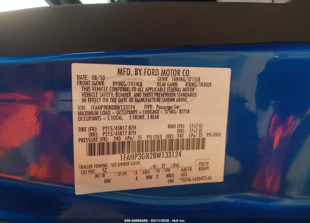 2011 FORD FOCUS SES VIN: 1FAHP3GN2BW133124
