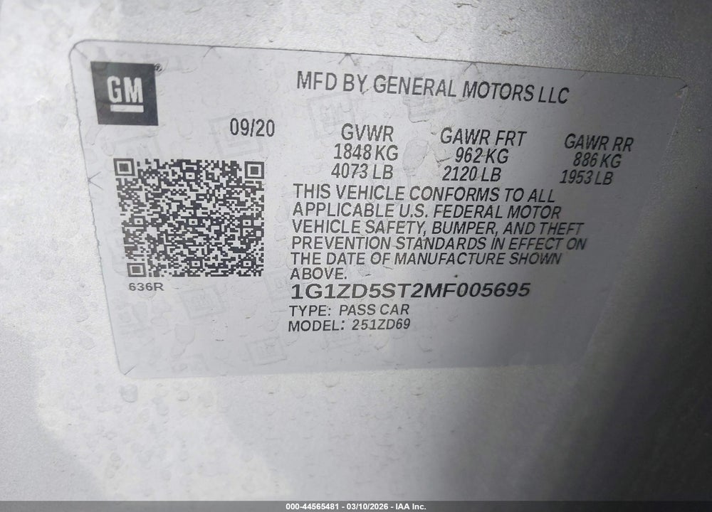 2021 CHEVROLET MALIBU FWD LT VIN: 1G1ZD5ST2MF005695
