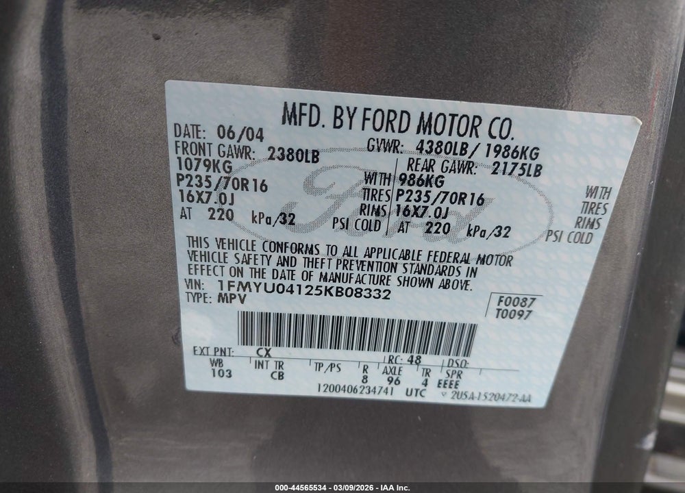 2005 FORD ESCAPE LIMITED VIN: 1FMYU04125KB08332