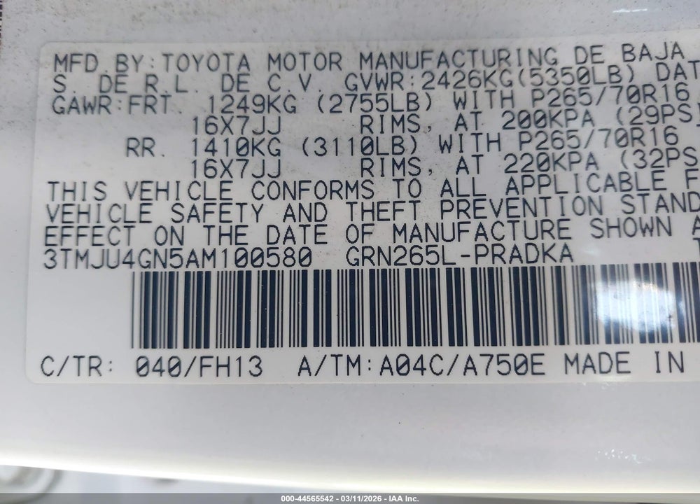 2010 TOYOTA TACOMA PRERUNNER V6 VIN: 3TMJU4GN5AM100580