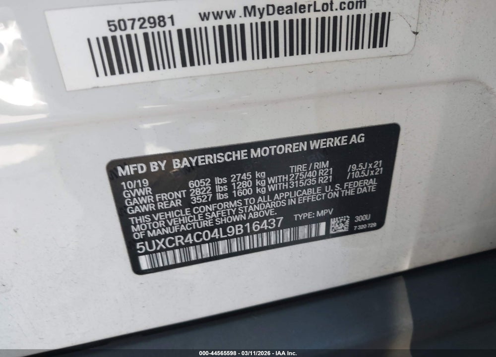 2020 BMW X5 SDRIVE40I VIN: 5UXCR4C04L9B16437