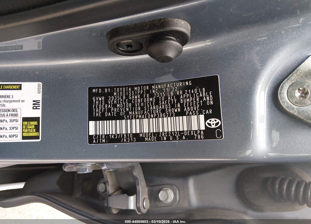 2022 TOYOTA COROLLA LE VIN: 5YFEPMAE0NP386273