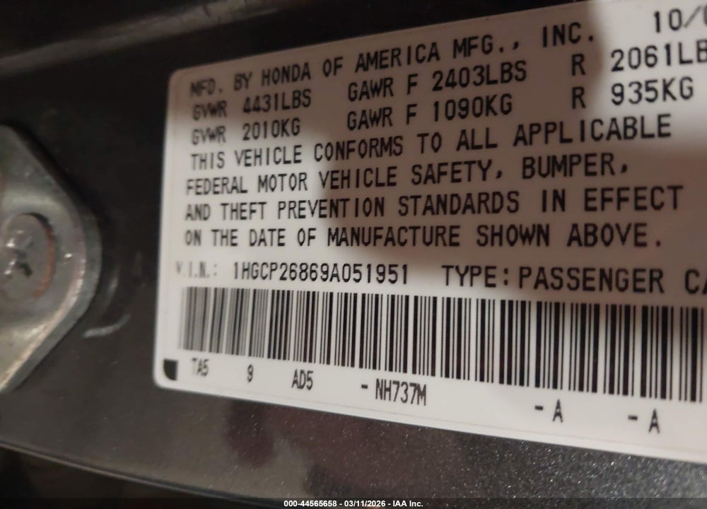 2009 HONDA ACCORD 2.4 EX-L VIN: 1HGCP26869A051951