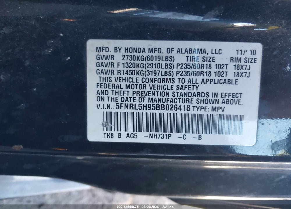2011 HONDA ODYSSEY TOURING/TOURING ELITE VIN: 5FNRL5H95BB026418