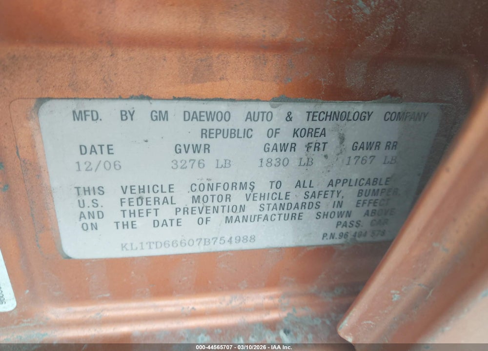 2007 CHEVROLET AVEO 5 LS VIN: KL1TD66607B754988