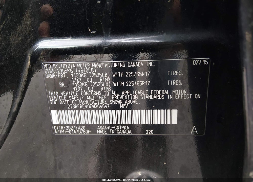 2015 TOYOTA RAV4 XLE VIN: 2T3RFREV0FW364647
